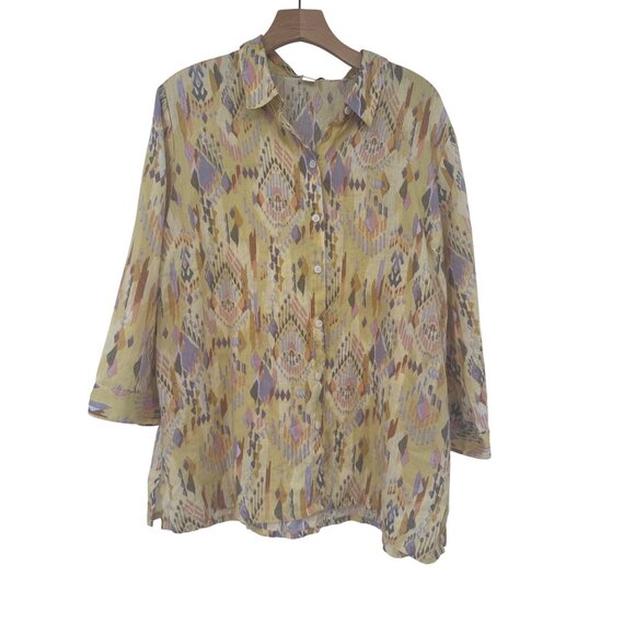 Coldwater Creek Womens linen Shirt top yellow Southwestern print size large - Picture 1 of 4
